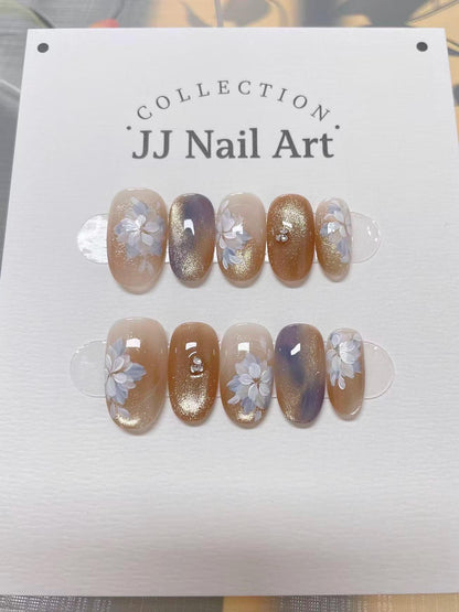 White Petals Smudge Cat Eye Press On Nails: Custom Shape Reusable Nail Set