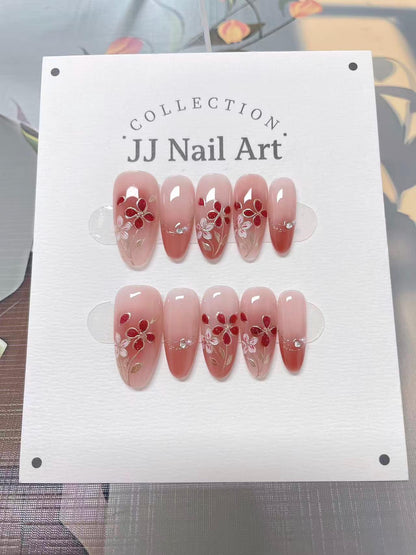 Red Petals Press On Nails: Custom Shape Reusable Nail Set