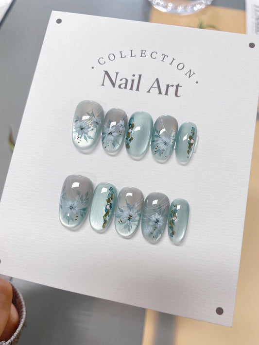 White Flower Press On Nails: Ombre Blue, Hand Painted, Reusable