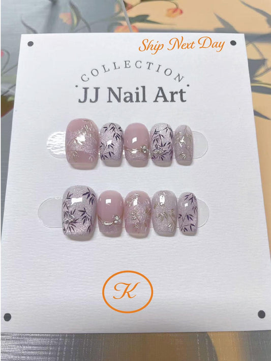Hand-Painted Cat Eye Silver Leaves Press On Nails: Reusable Custom Set
