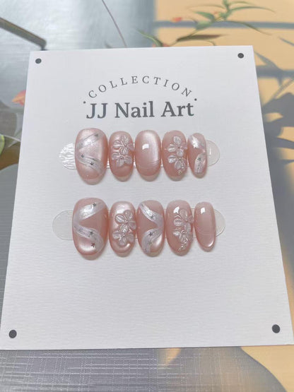Handmade 3D Petals Ribbon Press On Nails: Reusable Set