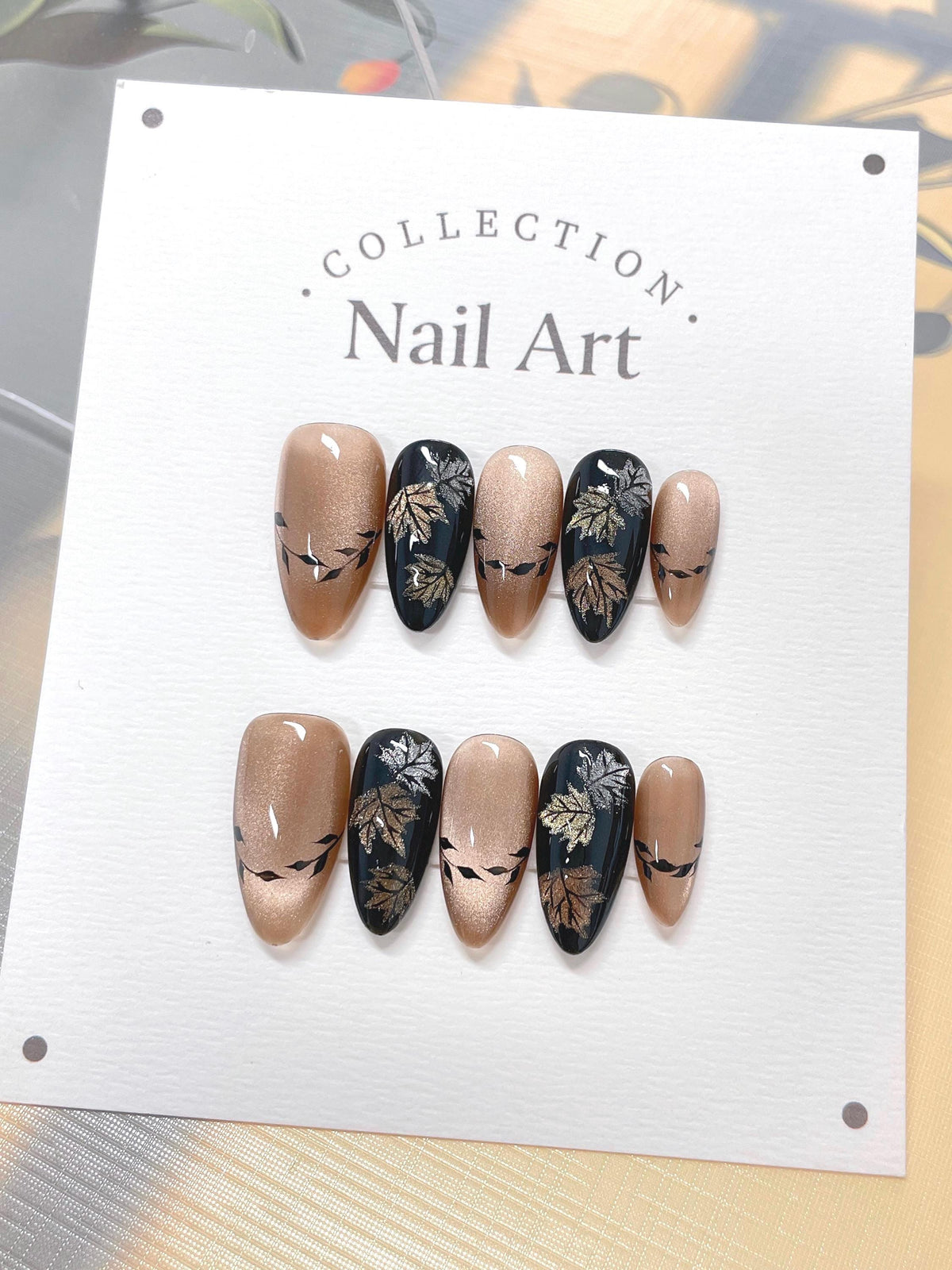 Hand Painted Fall Maple Leaf Press On Nails: Cat Eye Reusable Faux Nails