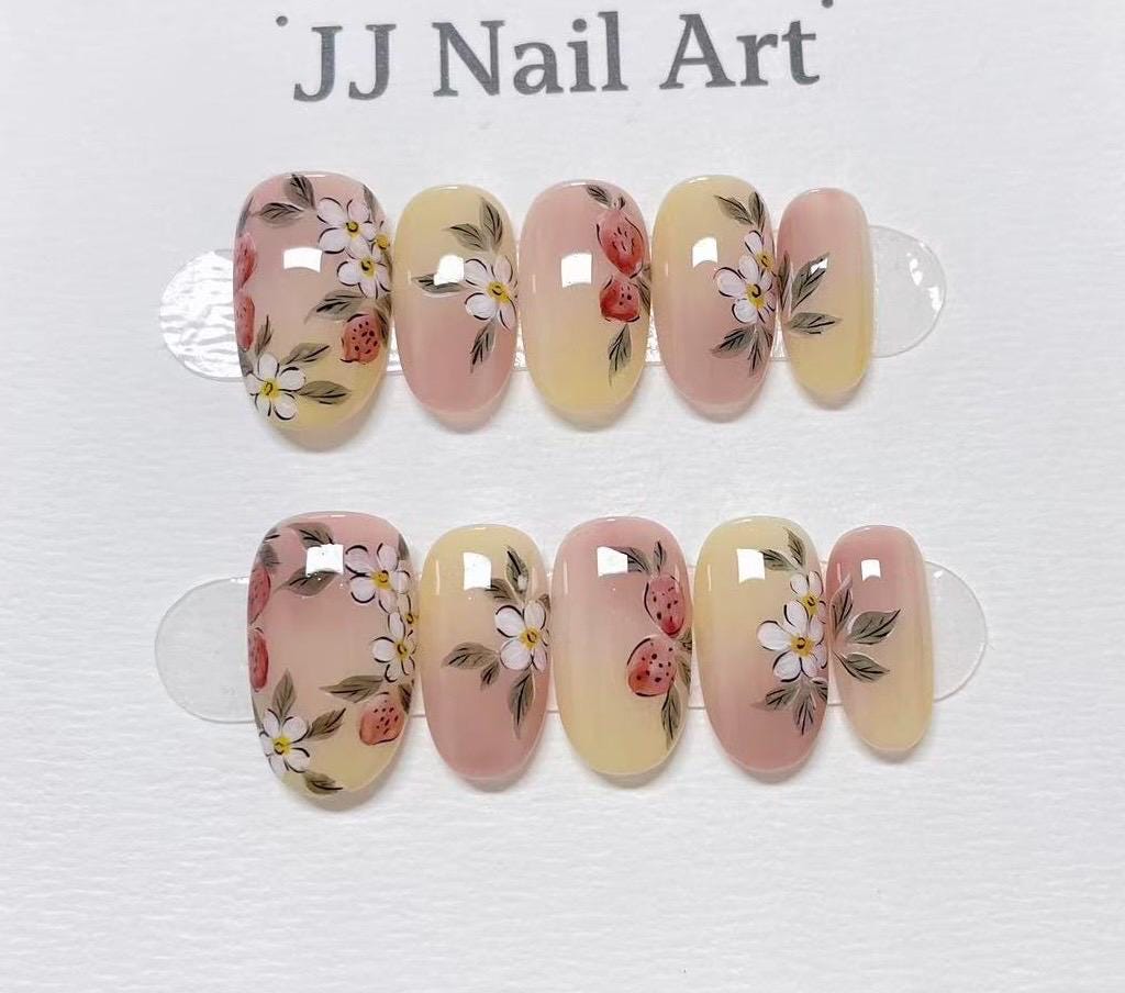 Yummy Strawberries Hand Painted Press On Nails: Custom Shape Reusable Nail Set