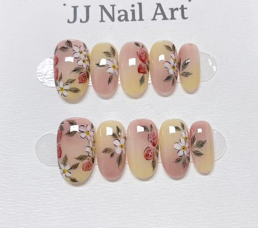 Yummy Strawberries Hand Painted Press On Nails: Custom Shape Reusable Nail Set