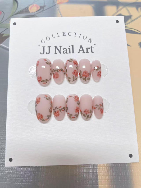Rose Vines Hand Painted Press On Nails: Custom Shape Reusable Nail Set
