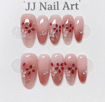 Red Petals Press On Nails: Custom Shape Reusable Nail Set