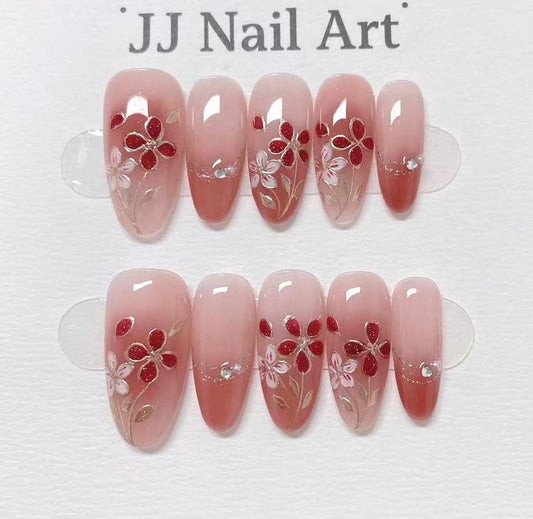 Red Petals Press On Nails: Custom Shape Reusable Nail Set