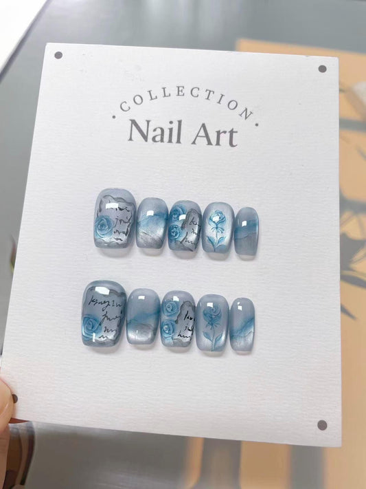 Hand Painted Blue Roses Press On Nails: Reusable Watercolor False Nails