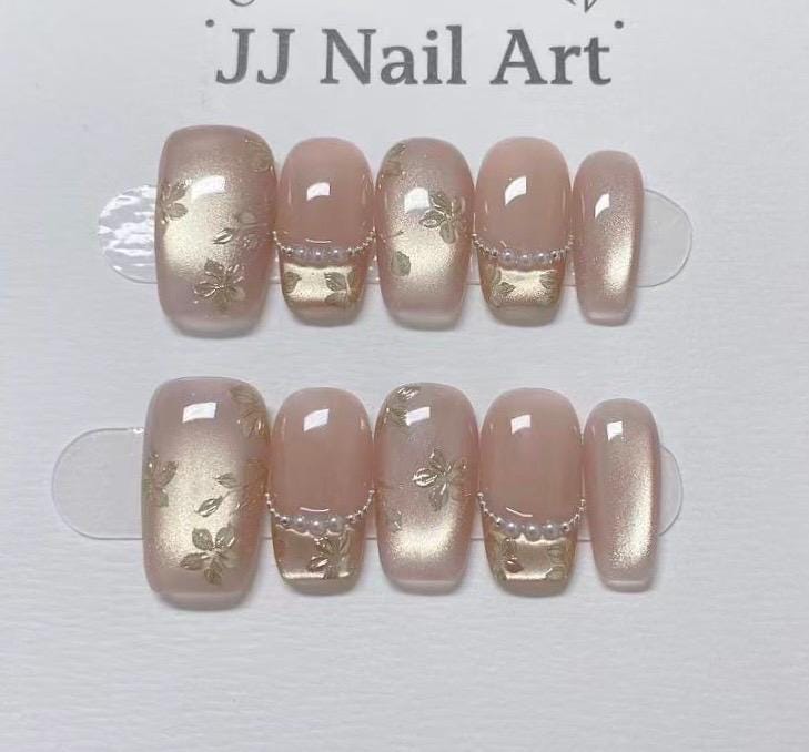 Gold Petals With Beads Press On Nails: Reusable Custom Shape Set