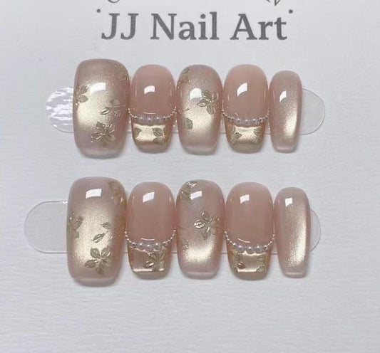 Gold Petals With Beads Press On Nails: Reusable Custom Shape Set