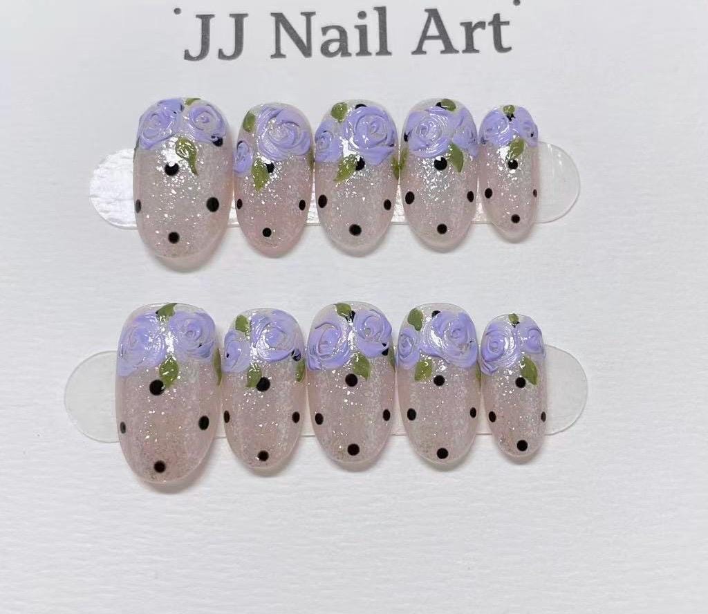 Purple Flowers Press On Nails: Reusable Custom Shape Set