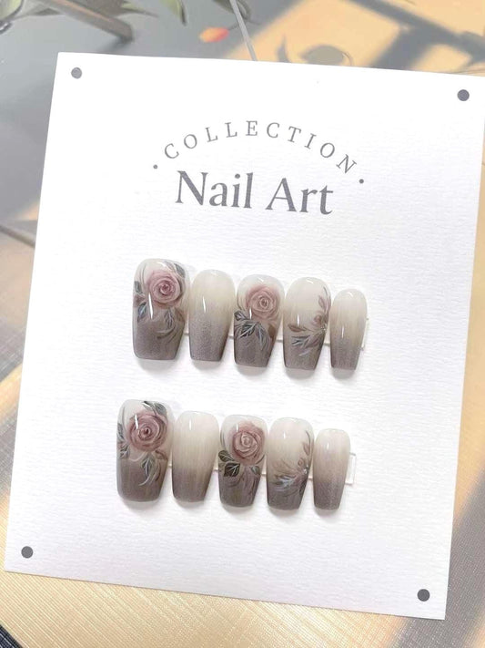 Handmade Fall Flower Press On Nails: Reusable Gel Faux Nails