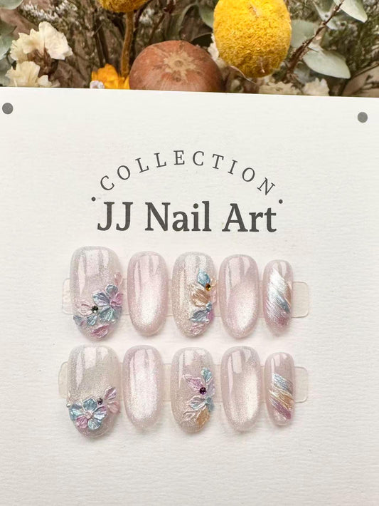 3D Colorful Petals Cat Eye Press On Nails: Reusable Custom Shape Set