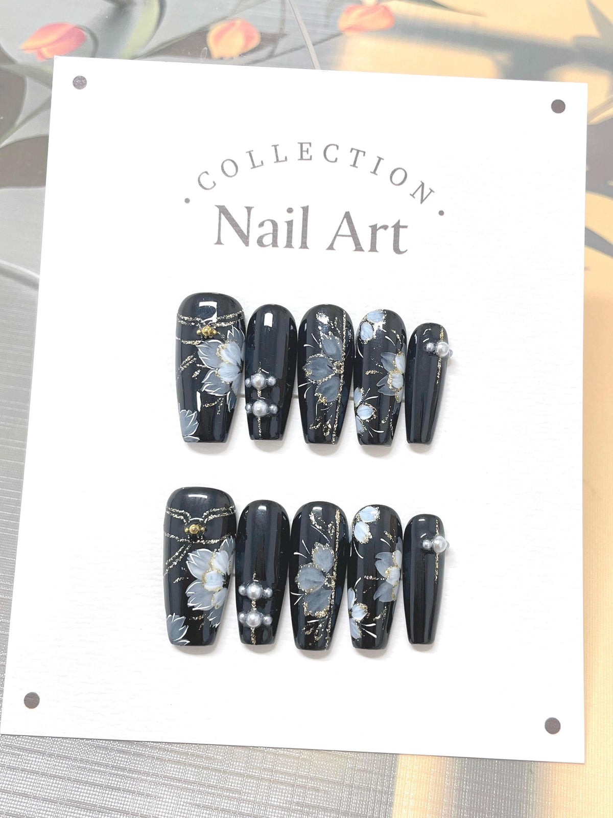 Hand Painted Flower Press On Nails: Elegant Artist Faux Nails