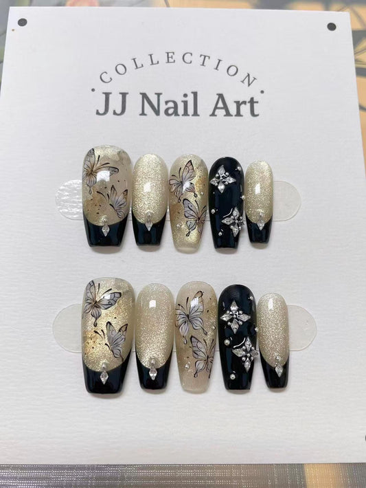 Hand Painted Butterfly Press On Nails: Custom Nail Shape, Reusable Fake Nails
