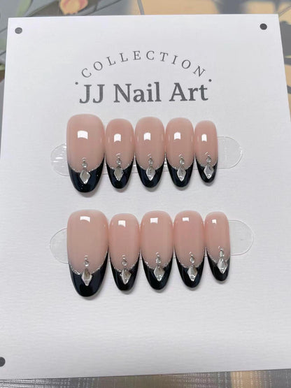 Custom Nail Shape Black French Tips Press On Nails: Hand Painted Reusable Fake Nails