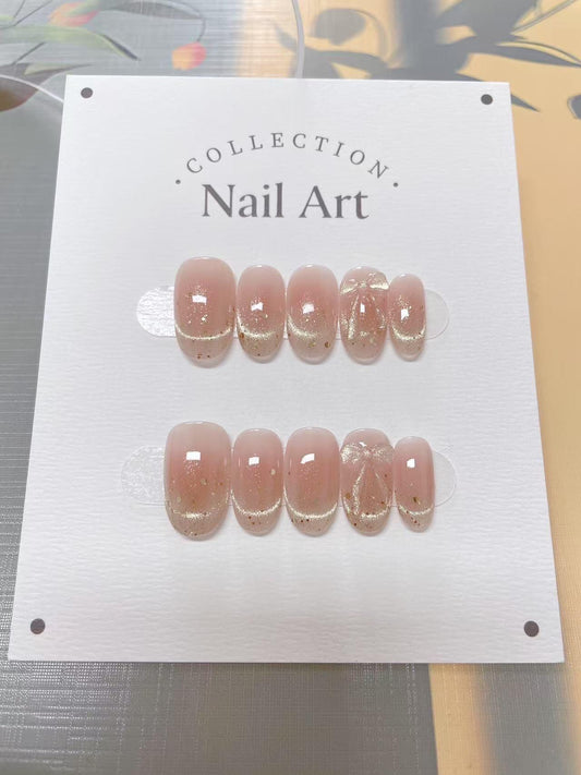 Crystal Bow Tie Cat Eye Press On Nails: Hand Painted Reusable Faux Nails