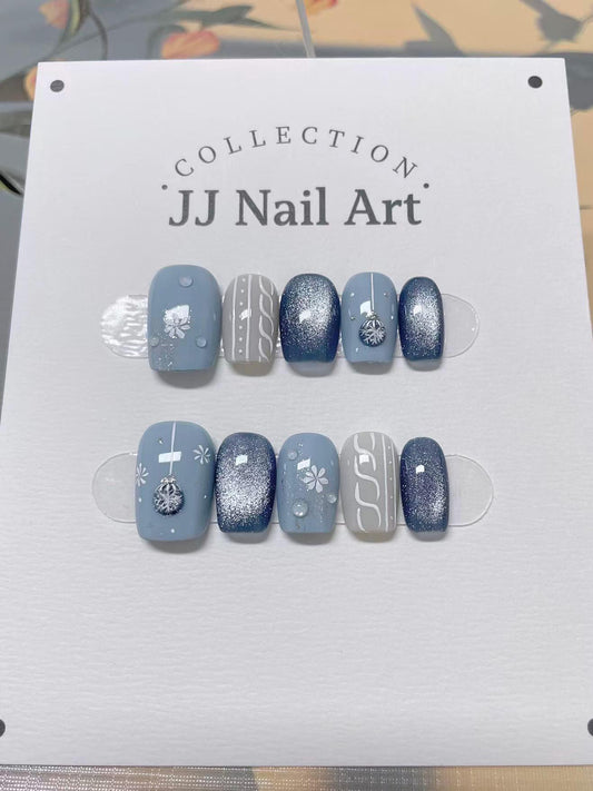 Custom Shape Hand Painted Press On Nails: Blue Christmas Reusable Nail Set