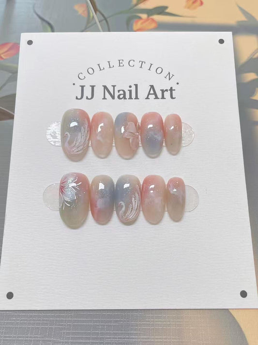 Handmade White Swan Cat Eye Petals  Press On Nails: Floral French Reusable Set