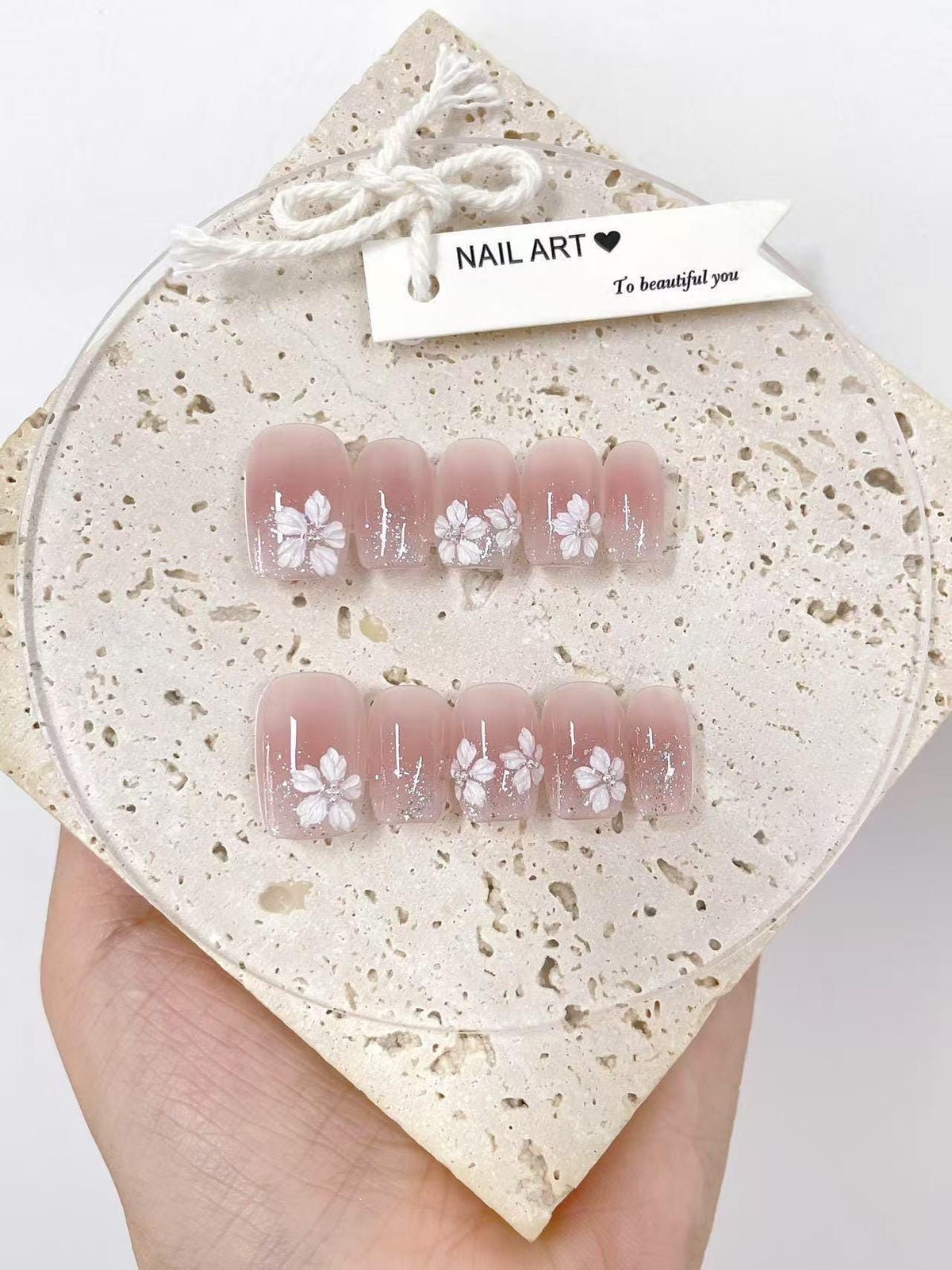 Custom Nail Shape Hand Painted Press On Nails, White Petals Glitter, Reusable Comfortable Nails