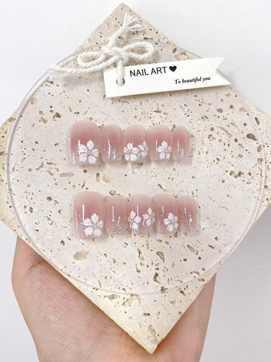 Custom Nail Shape Hand Painted Press On Nails, White Petals Glitter, Reusable Comfortable Nails