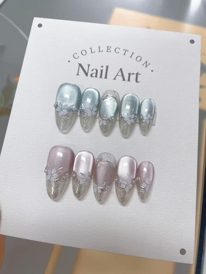 Hand Painted Press On Nails: Pink & Blue Flower Design, Reusable Faux Nails