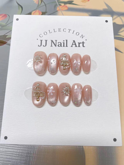 Snow Flakes Cat Eye Press On Nails: Custom Shape Reusable Nail Set