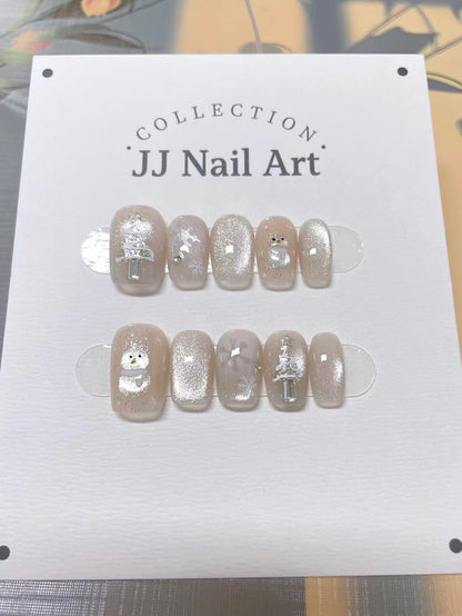 Hand Painted Snowman Cat Eye Press On Nails: Custom Shape  Reusable Nail Set