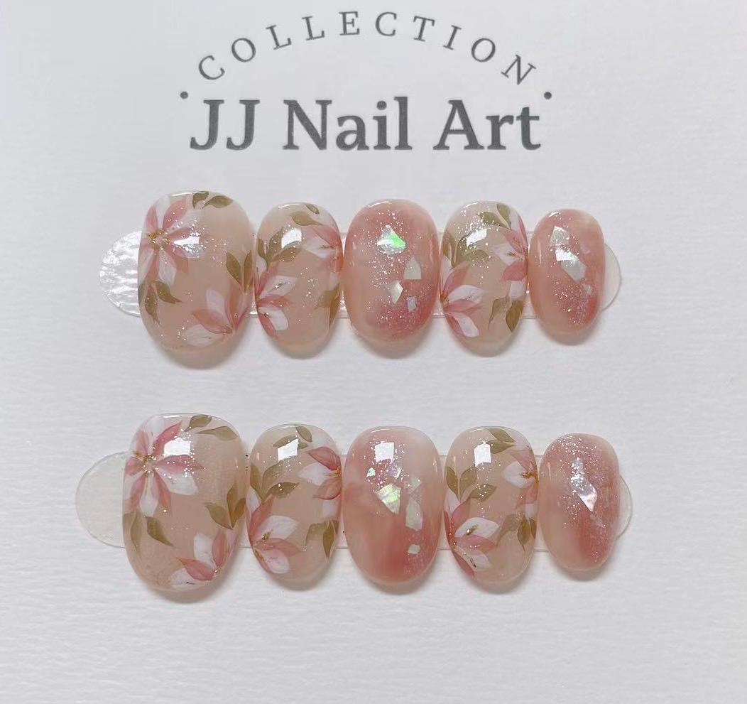 Handmade White Pinke Petals Cat Eye Press On Nails: Reusable Set