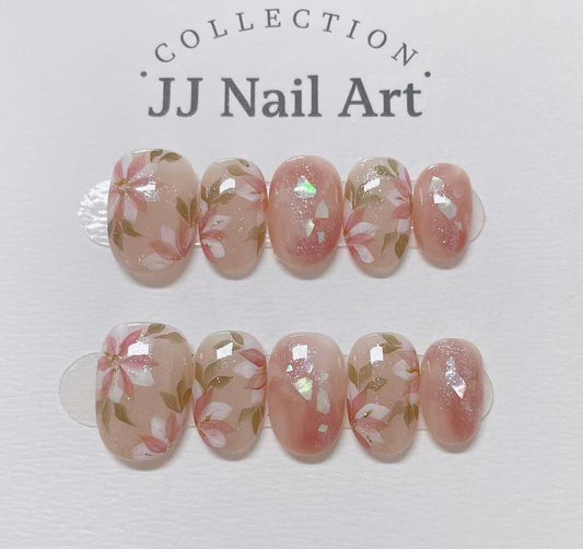Handmade White Pinke Petals Cat Eye Press On Nails: Reusable Set