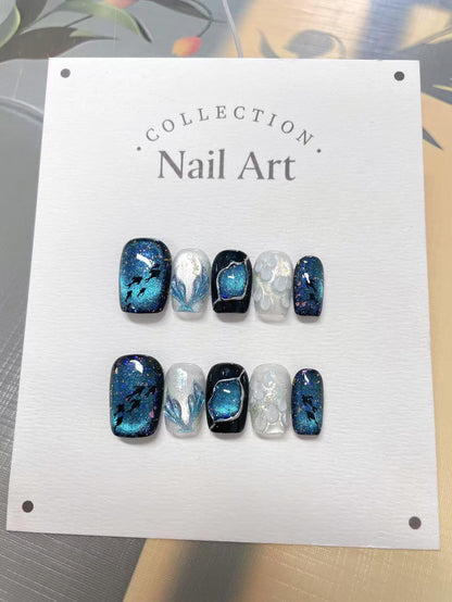 Hand Painted Mermaid Cat Eye Press On Nails: Reusable Artist Faux Nails