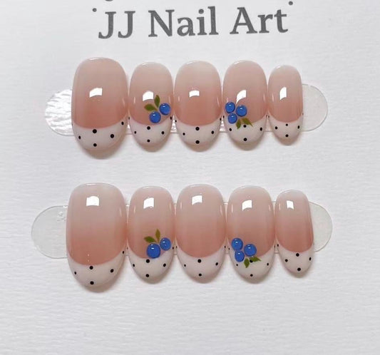Hand-Painted Fruit French Polka Dots Press On Nails: Reusable Custom Shape Set