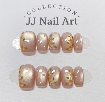 Handmade Yellow Flowers Cat Eye Press On Nails: Reusable Nail Set