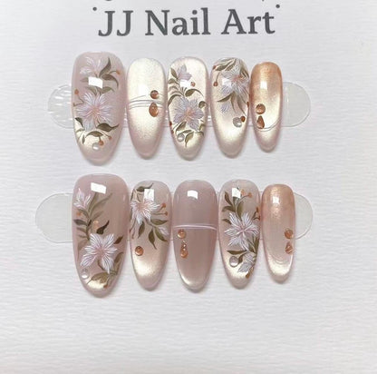 Hand Painted Floral Press On Nails: Reusable Custom Cat Eye Set