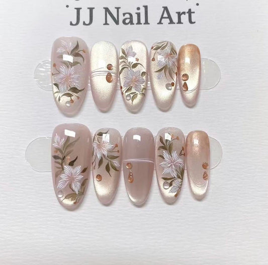 Hand Painted Floral Press On Nails: Reusable Custom Cat Eye Set