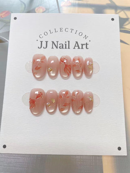 Handmade Red Koi Fish Cat Eye Press On Nails: Reusable Nail Set