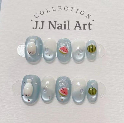 Handmade 3D Watermelon Cat Eye Press On Nails: Reusable Set