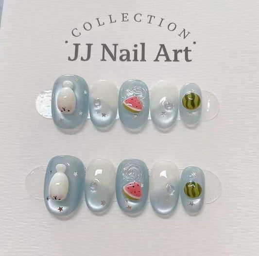 Handmade 3D Watermelon Cat Eye Press On Nails: Reusable Set