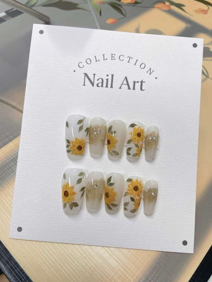 Hand Painted Press On Nails: Fall Floral Gel Faux Nails