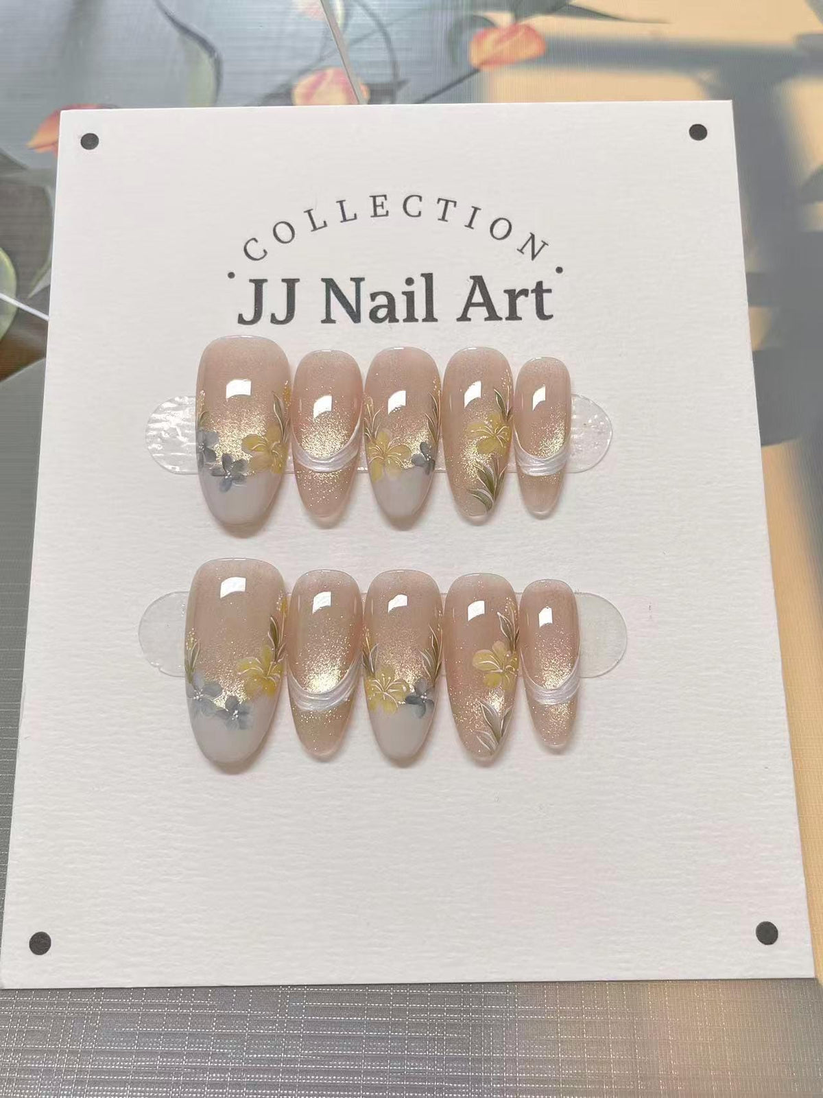 Handmade Yellow Floral French Cat Eye Press On Nails: Reusable Set