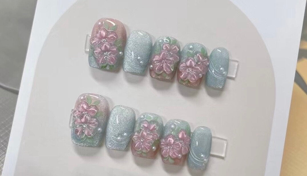 3D Flower Press On Nails: Hand Painted Gel Reusable Fake Nails