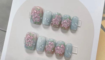 3D Flower Press On Nails: Hand Painted Gel Reusable Fake Nails