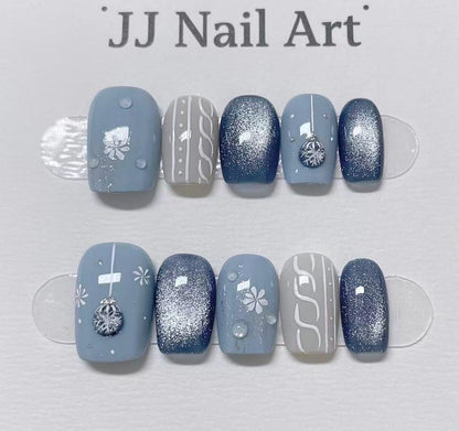 Custom Shape Hand Painted Press On Nails: Blue Christmas Reusable Nail Set
