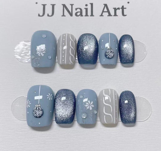 Custom Shape Hand Painted Press On Nails: Blue Christmas Reusable Nail Set