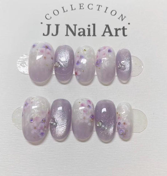 Handmade Purple Floral Press On Nails: Reusable Set