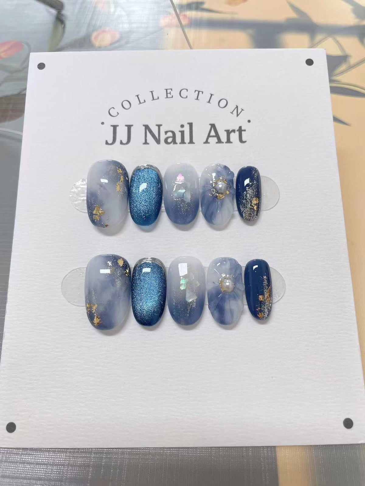 Handmade Blue Smudge Cat Eye Press On Nails: Reusable Nail Set