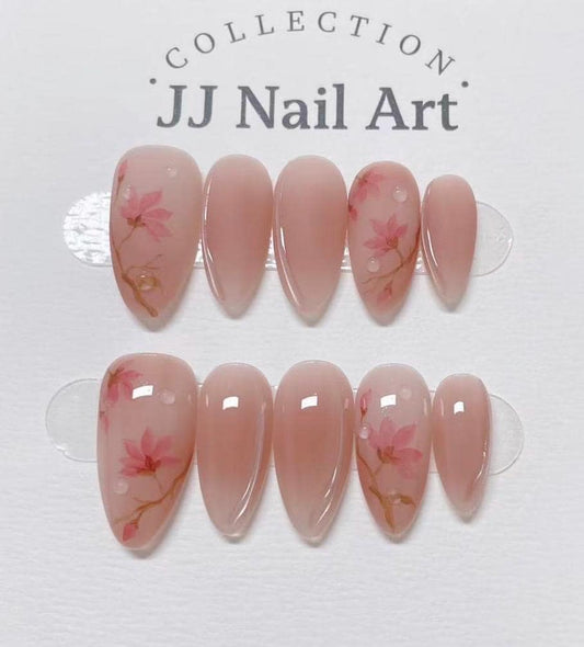 Pink Florals Handmade Press On Nails: Reusable Custom Shape Set