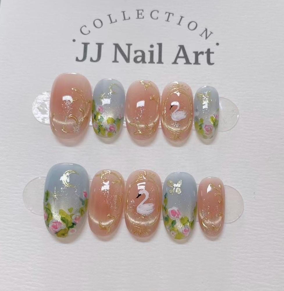 Handmade Swan Flowers Cat Eye Press On Nails: Custom Shape Reusable Set
