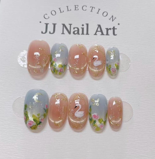 Handmade Swan Flowers Cat Eye Press On Nails: Custom Shape Reusable Set