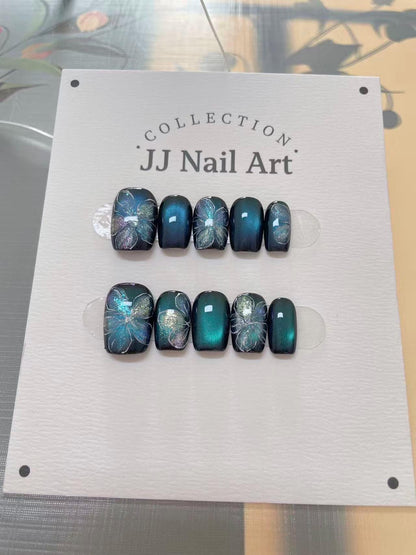 Handmade Blue Petals Cat Eye Press On Nails: Custom Shape Reusable Set